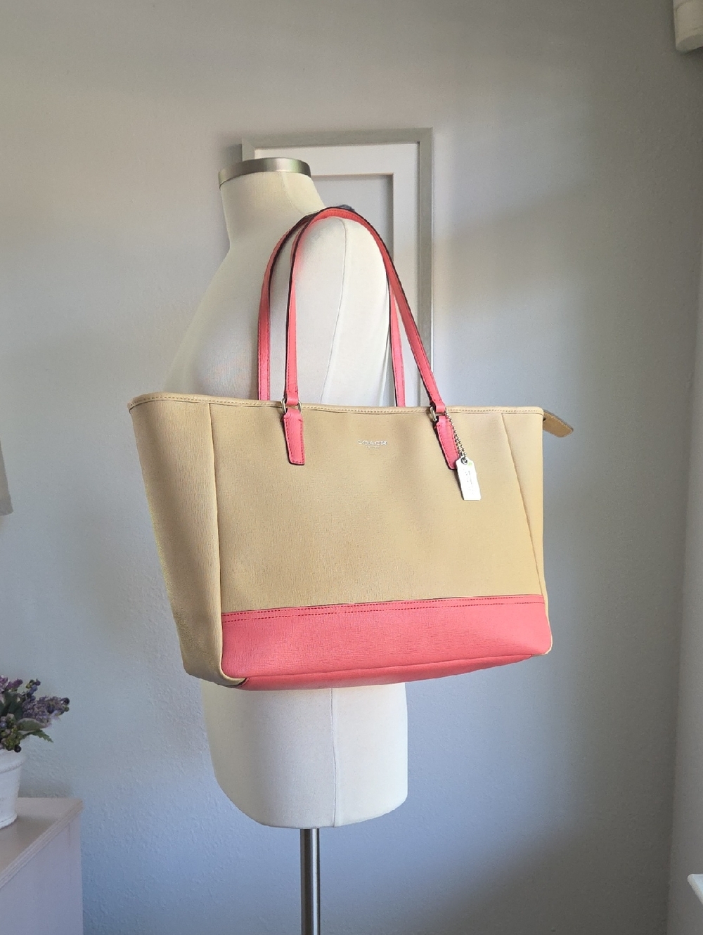 COACH Tan & Coral Pink Saffiano Leather Tote - Picture 2 of 16